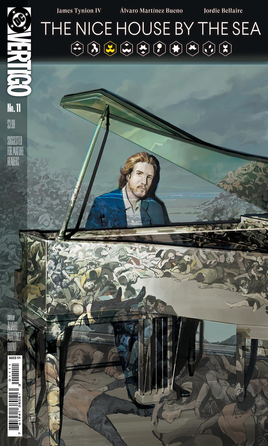 Comic book cover for Vertigo No. 11, featuring illustrated artwork of a man seated at a large piano in a coastal landscape.