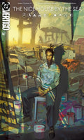Comic book cover of 'The Nice House by the Sea' with a person sitting on a chair in an urban setting.