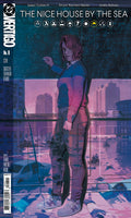 Comic book cover of 'The Nice House by the Sea' with a woman standing on a dock at night.