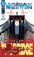 Comic book cover of Nightwing with a bridge and target design