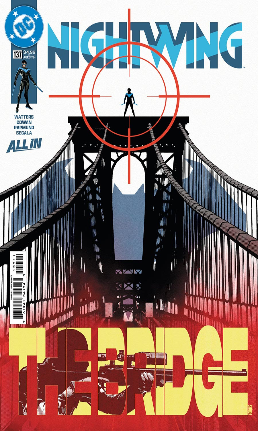 Comic book cover of Nightwing with a bridge and target design