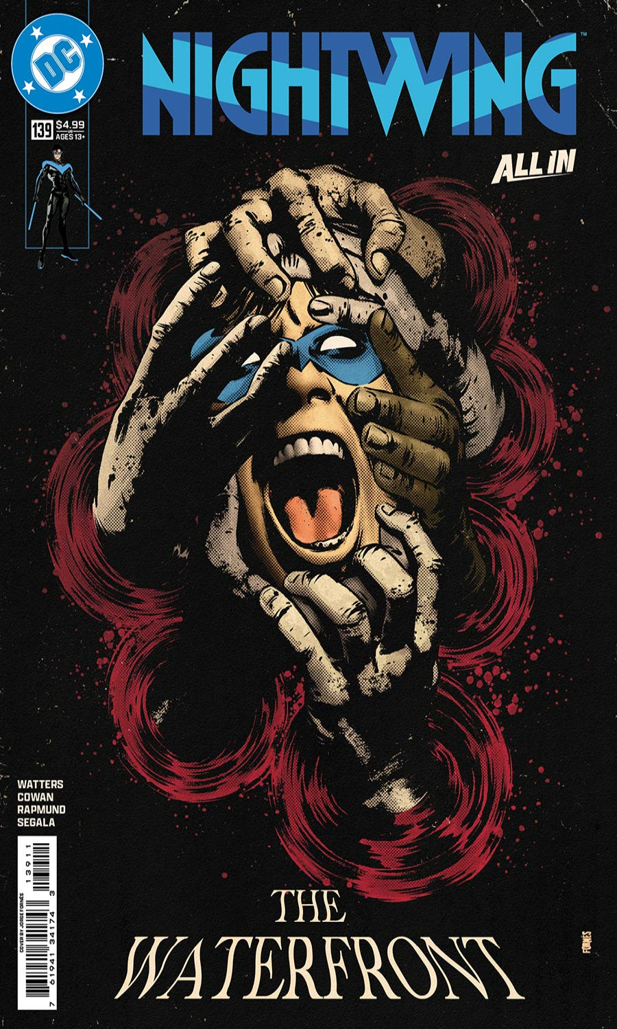 Comic book cover of Nightwing with a stylized face and red hair on a dark background.