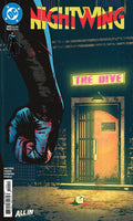 Comic book cover for Nightwing #140, featuring a large raised fist in dark blue and black tones reaching toward a glowing orange door under a neon 'The Dive' sign. The DC logo appears in the top-left corner.