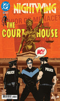 Comic book cover for DC's Nightwing: The Court House, featuring a large golden statue of Lady Justice on an orange background, with two police officers and Nightwing in the foreground.