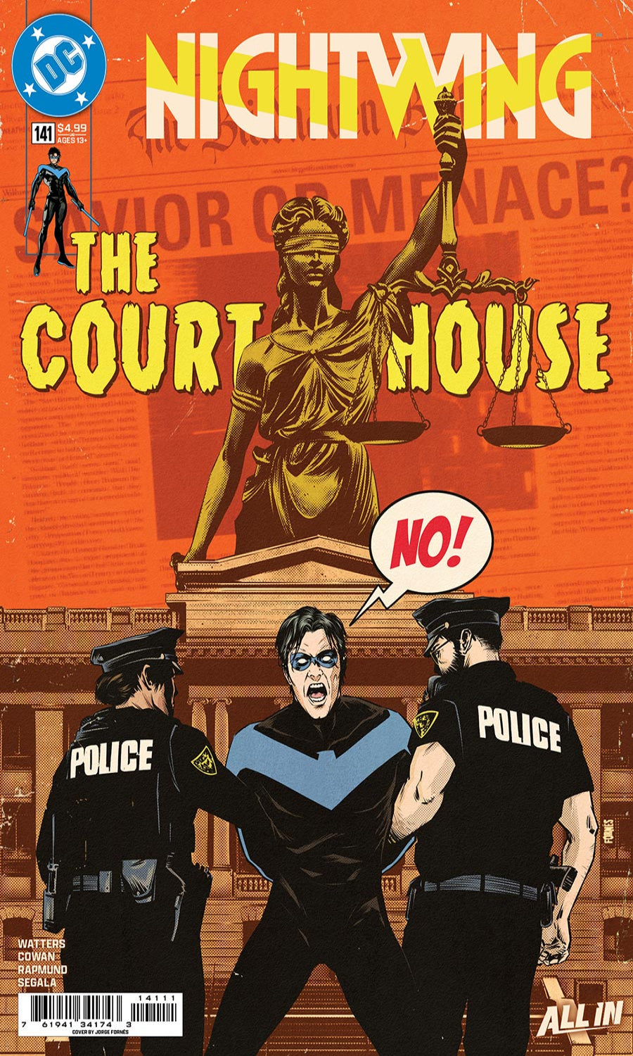 Comic book cover for DC's Nightwing: The Court House, featuring a large golden statue of Lady Justice on an orange background, with two police officers and Nightwing in the foreground.