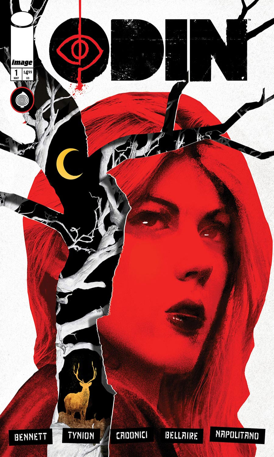 Comic book cover featuring a character with red hood and black and white design elements.