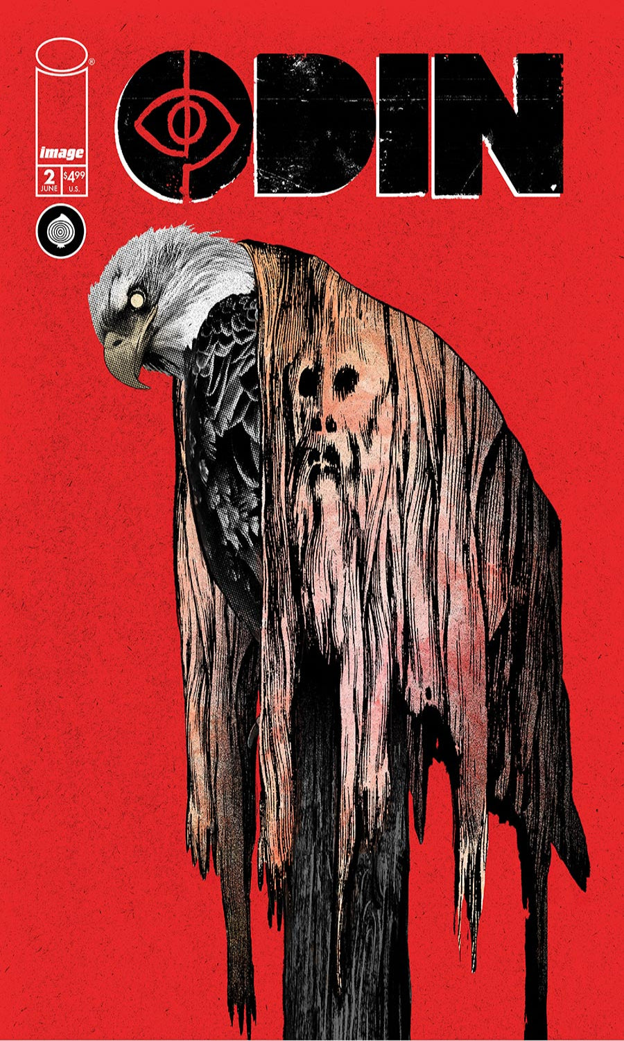 Comic book cover featuring an eagle with a red background and 'Odin' branding.