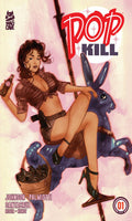 Comic book cover titled 'Pop Kill' featuring a woman on a blue rabbit with a pink background.