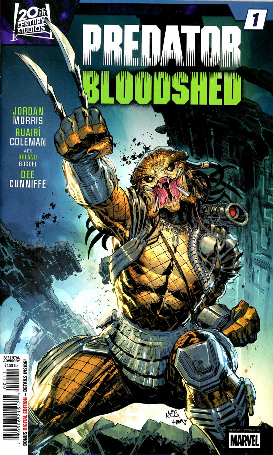 Comic book cover of 'Predator Bloodshed' with a Predator character in action pose.