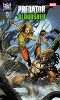 Comic book cover featuring a Predator and a human-like character in a snowy landscape with Marvel logo.