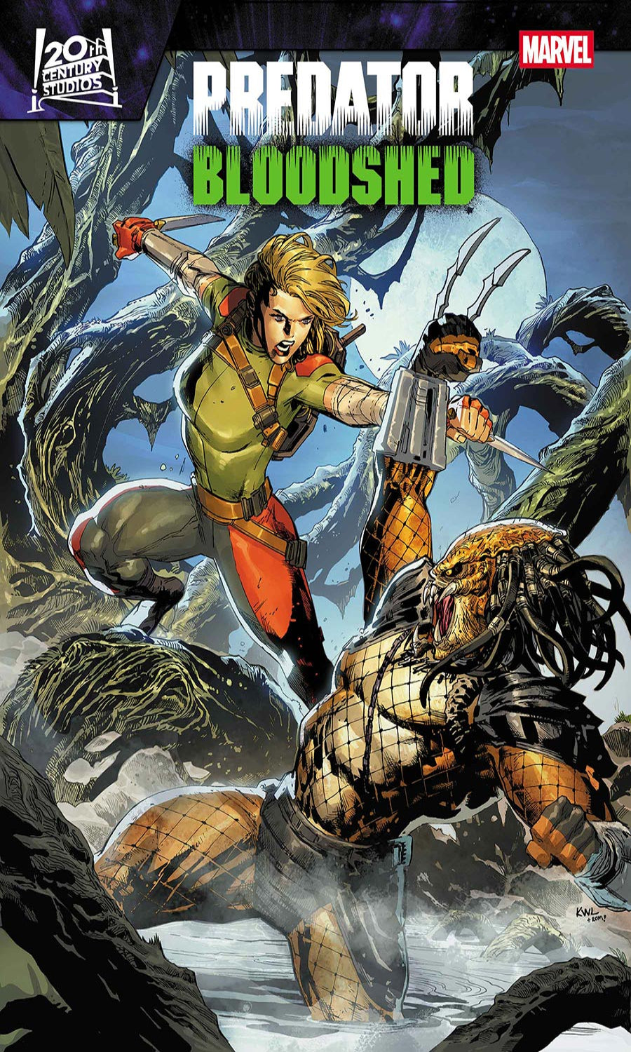 Comic book cover featuring a Predator and a human-like character in a snowy landscape with Marvel logo.