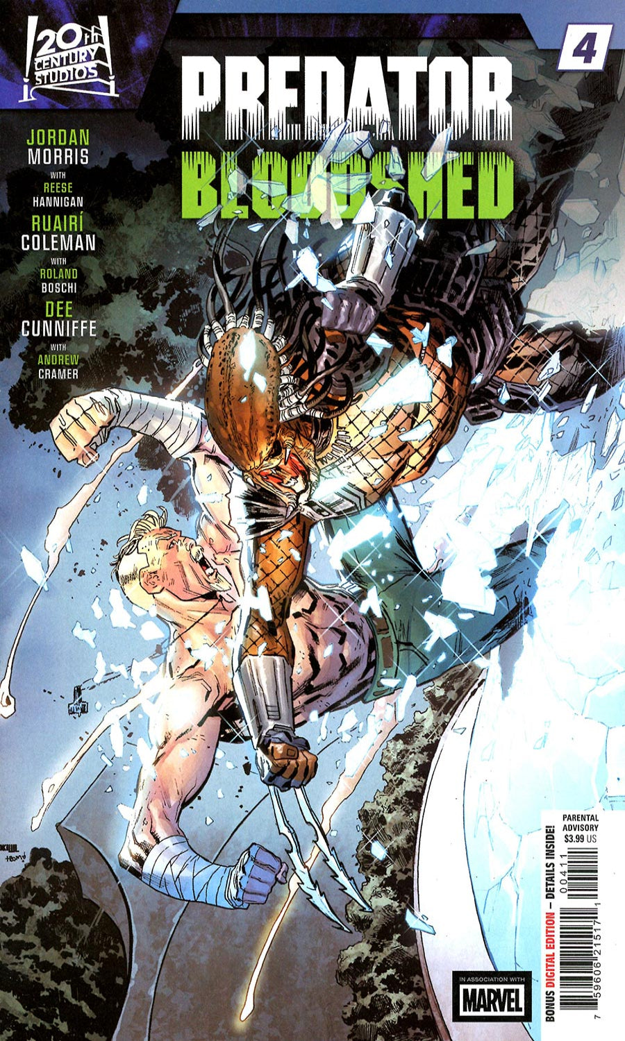 Comic book cover of 'Predator Bloodshed' featuring a warrior and alien confrontation.