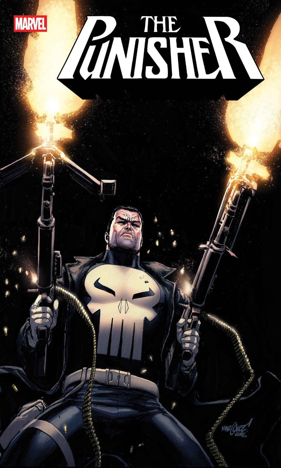 The Punisher holding machineguns with Marvel logo above