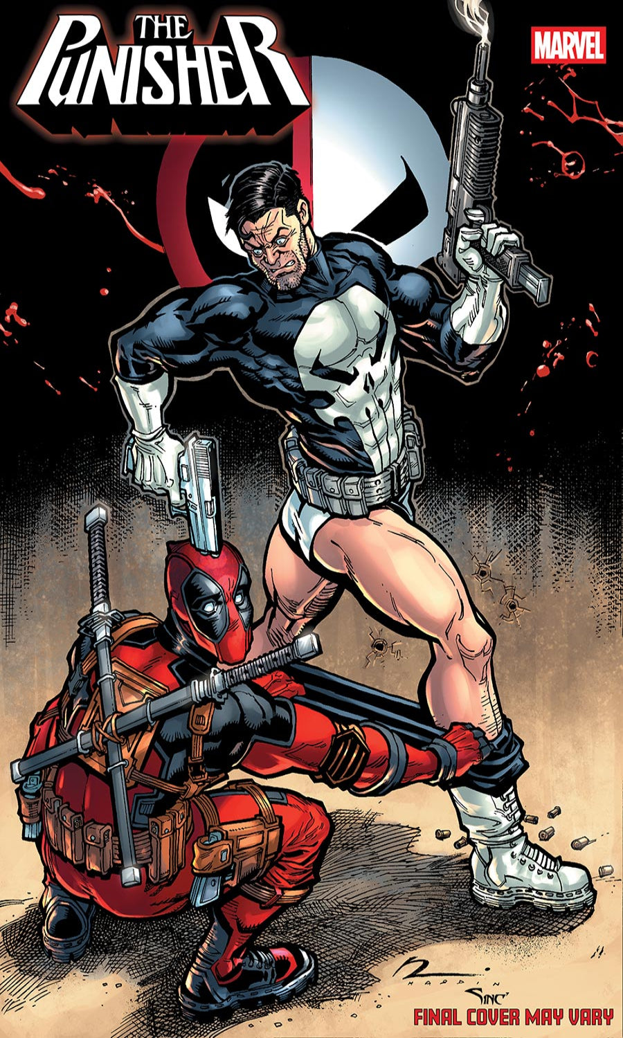 Comic book cover featuring The Punisher and Deadpool with a dark background