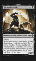Card featuring Spider-Man Noir with a dark, rain-soaked background