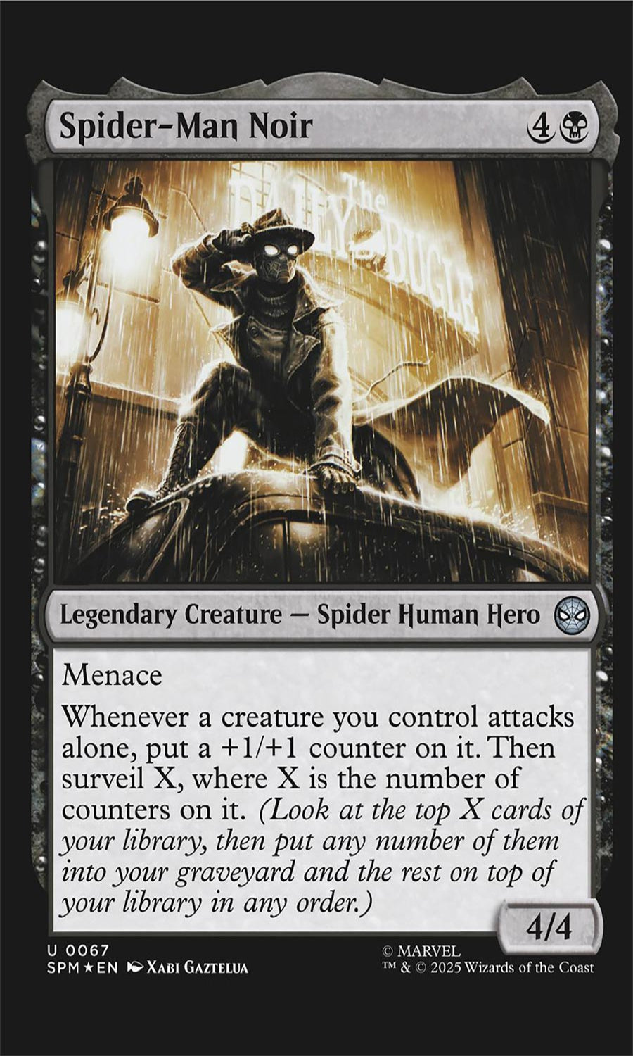 Card featuring Spider-Man Noir with a dark, rain-soaked background