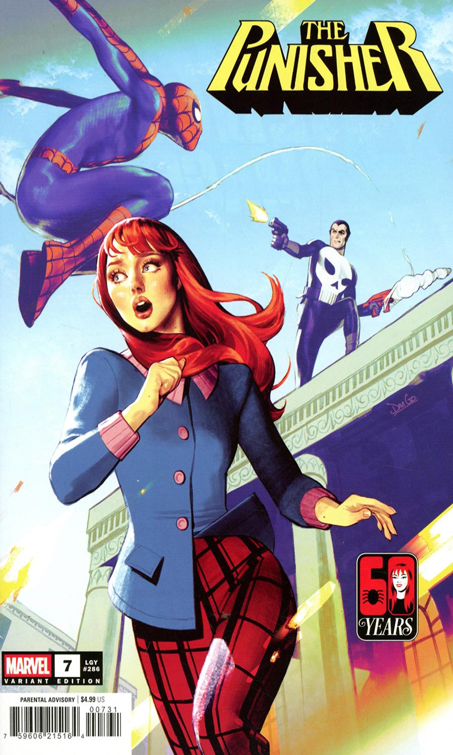 Comic book cover for The Punisher #7, featuring a red-haired woman in a blue blazer and red plaid skirt in the foreground, with Spider-Man flying above and a masked figure standing on a building in the background. The title 'The Punisher' appears at the top, with Marvel branding and a 60 Years anniversary badge.