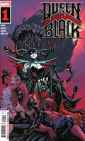 Marvel's Queen Black #1 comic book cover featuring a dramatic illustration of Queen Black in a black and white spider-suit with red accents, surrounded by Spider-Man and other Spider-themed characters against a dark pink and purple sky. The title 'QUEEN BLACK' is prominently displayed at the top.
