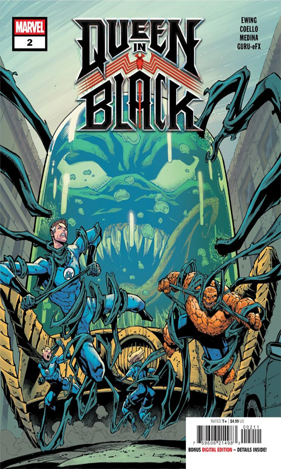 Comic book cover for Queen Black #1, featuring illustrated characters in a dark, fantasy scene with a large green creature in the background. The title 'QUEEN BLACK' is prominently displayed at the top, with a Marvel logo in the upper left corner.