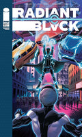 Comic book cover of 'Radiant Black' with superhero and futuristic cityscape