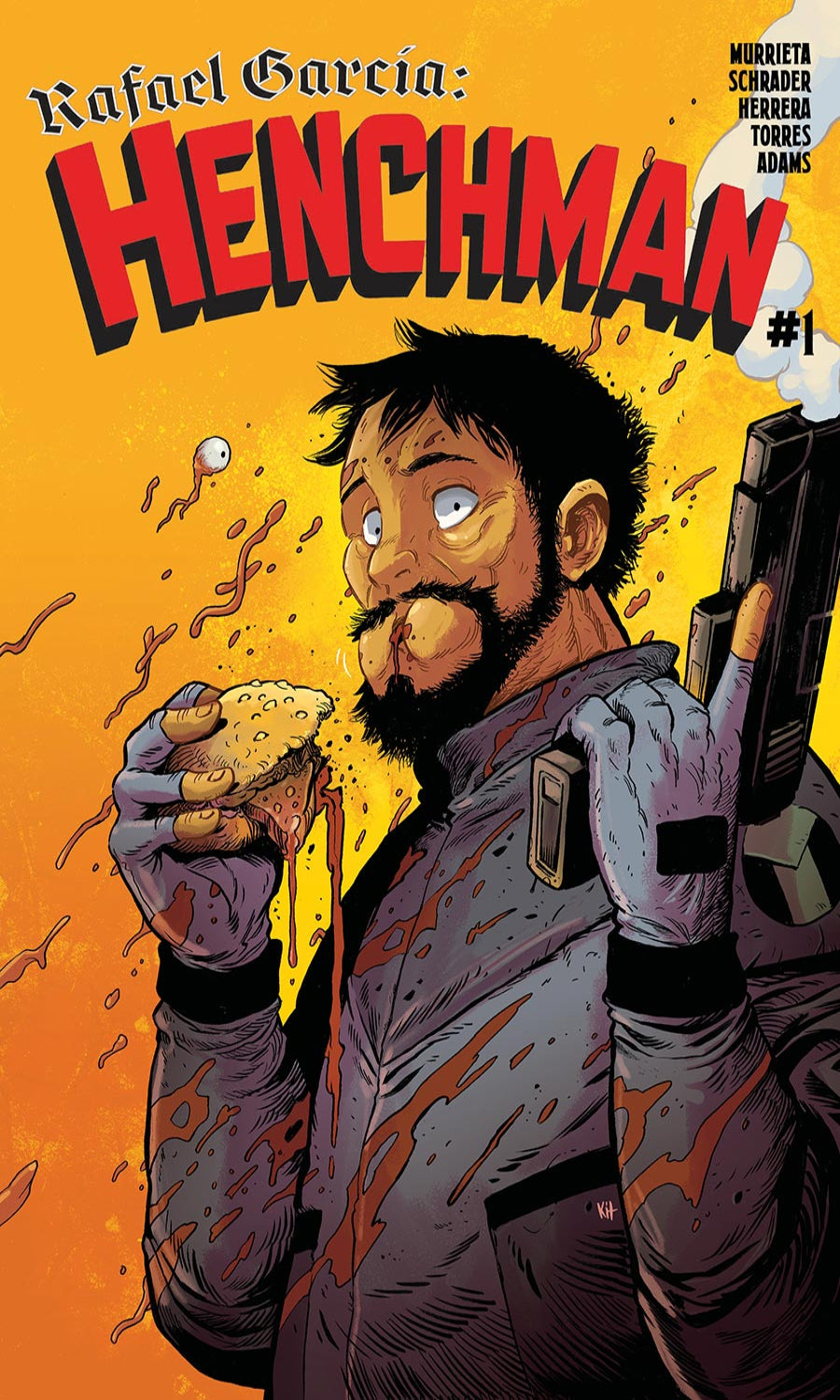 Comic book cover of 'Rafael Garcia: Henchman' with a character holding cheese and a gun on an orange background.
