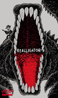 Comic-style illustration of a giant open reptilian mouth with sharp white teeth, a red interior, and the word 'REALLIGATOR' across the center. A small illustrated figure in a hat and coat stands on the left side.