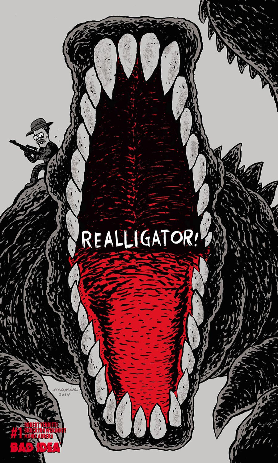 Comic-style illustration of a giant open reptilian mouth with sharp white teeth, a red interior, and the word 'REALLIGATOR' across the center. A small illustrated figure in a hat and coat stands on the left side.