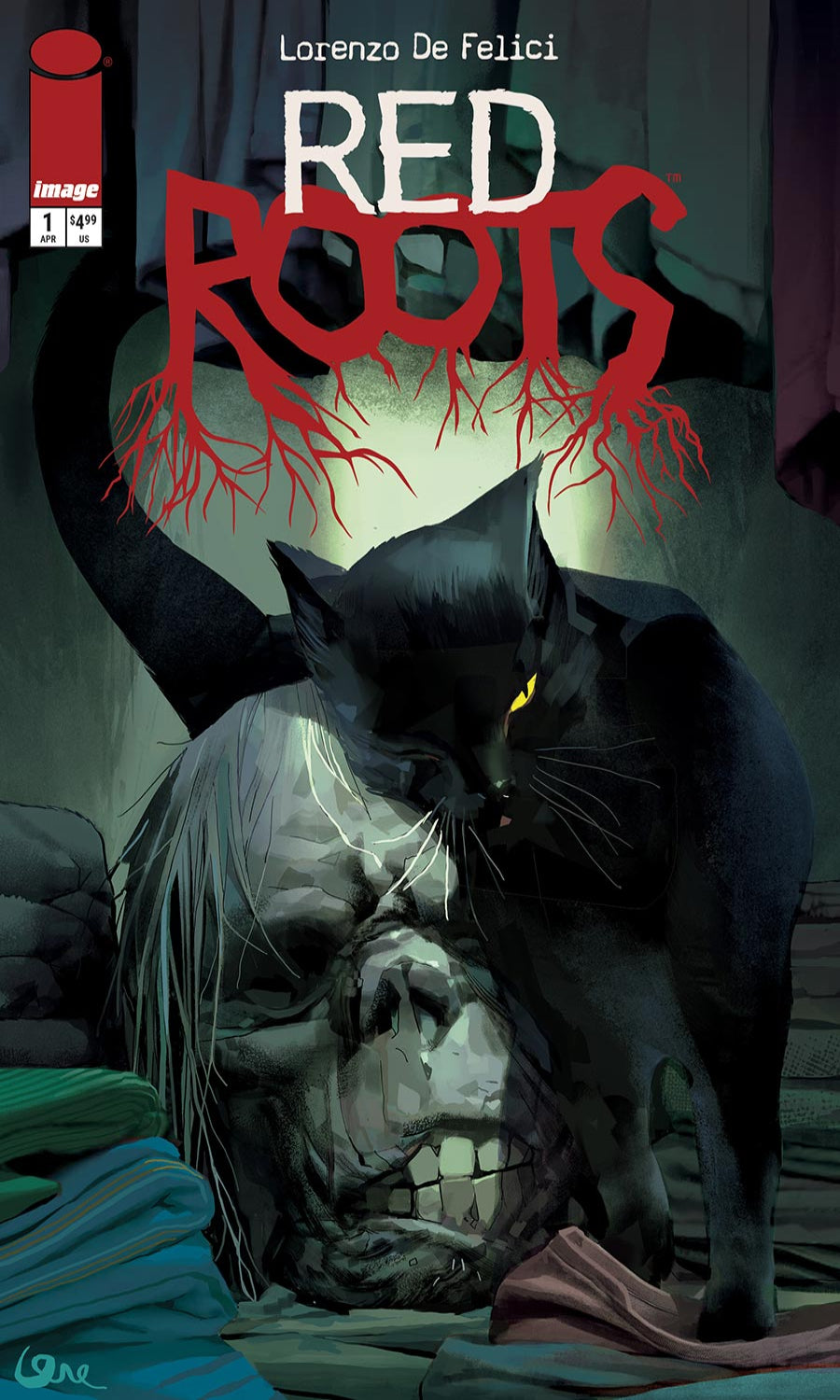 Comic book cover of 'Red Roots' featuring a black cat and a skull.