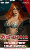Promotional graphic for a Red Sonja Noir 'One Shot' premium mystery variant blind bag by Dynamite. The artwork features a stylized illustration of Red Sonja with long red hair, a gray scale bikini top, a black glove, and a sword, with bold text reading 'RED SONJA NOIR', 'PREMIUM MYSTERY VARIANT BLIND BAG', and 'THIS BAG CONTAINS THREE DYNAMITE VARIANTS'.