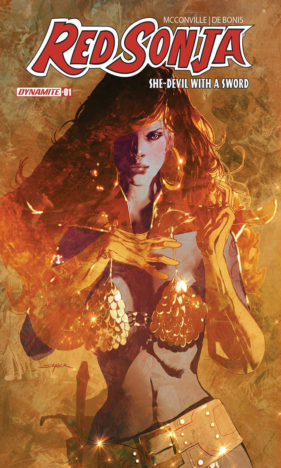 Comic book cover of Red Sonja with fiery effects and text overlay