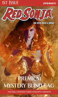 Red Sonja comic book cover with fiery design and text about premium mystery blind bag.