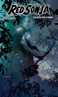 Comic book cover featuring a female superhero in a forest setting with 'Red Sonja' branding.