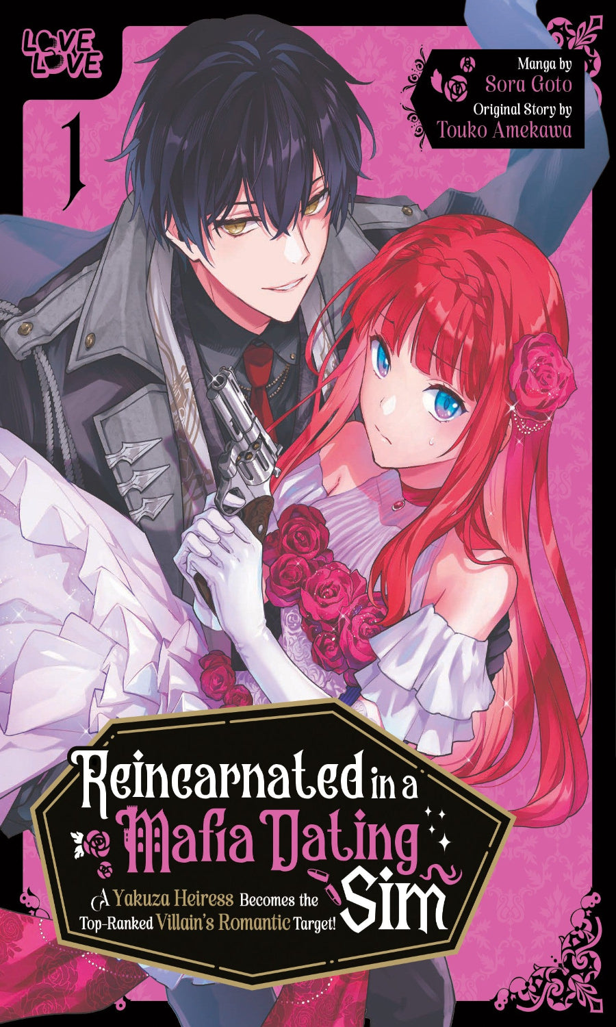Manga book cover featuring two characters, one with red hair and the other holding a gun, on a pink background.