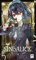 Cover of 'Sinoalice' manga with an anime character holding a smartphone in a cityscape background.