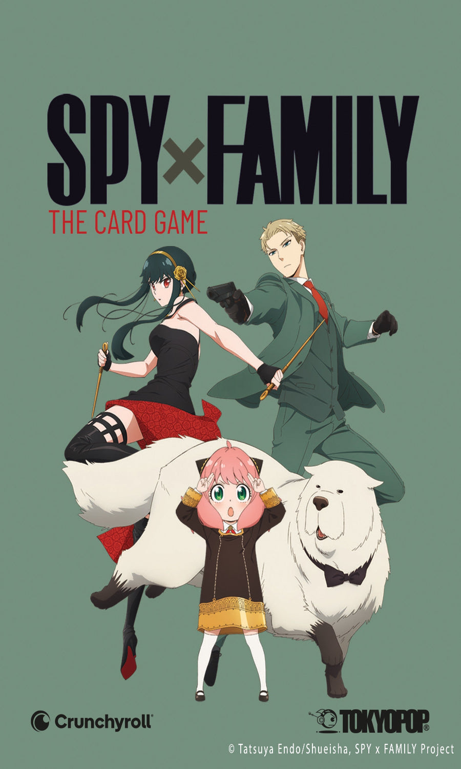 Cover of 'Spy x Family: The Card Game' with characters and logos on a green background