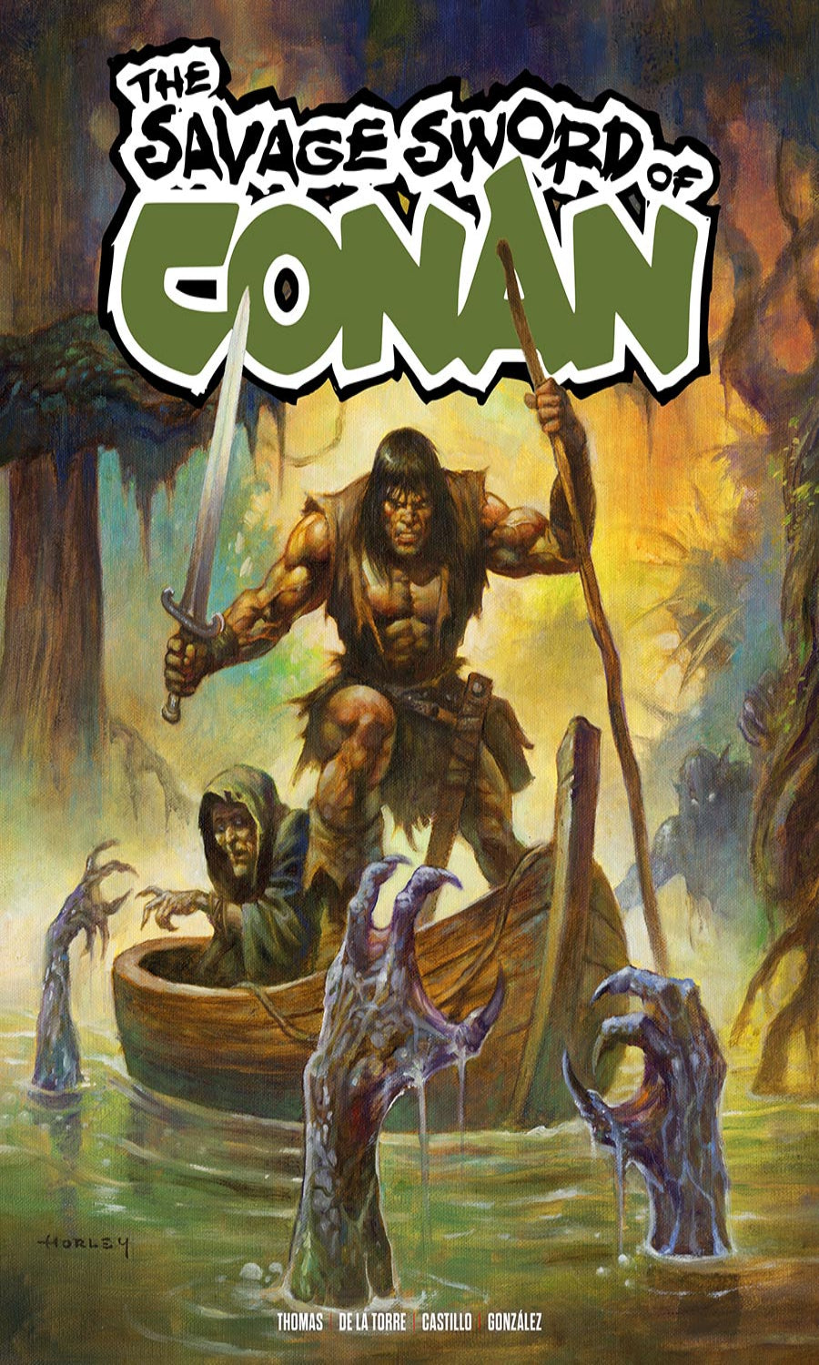 Cover of 'The Savage Sword of Conan' with a warrior holding a sword and a boat in the background.