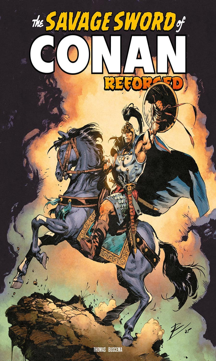 Comic book cover of 'The Savage Sword of Conan Reformed' with a warrior on horseback.