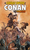 Cover of 'The Savage Sword of Conan: Forged' with a warrior and creature illustration on an orange background.