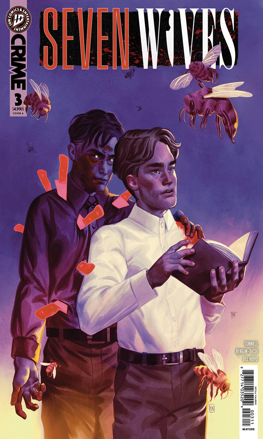 Crime Comics 'Seven Wives' #3 comic book cover featuring an illustrated scene of two men, one reading a book and the other standing behind him, surrounded by bees against a purple sky.