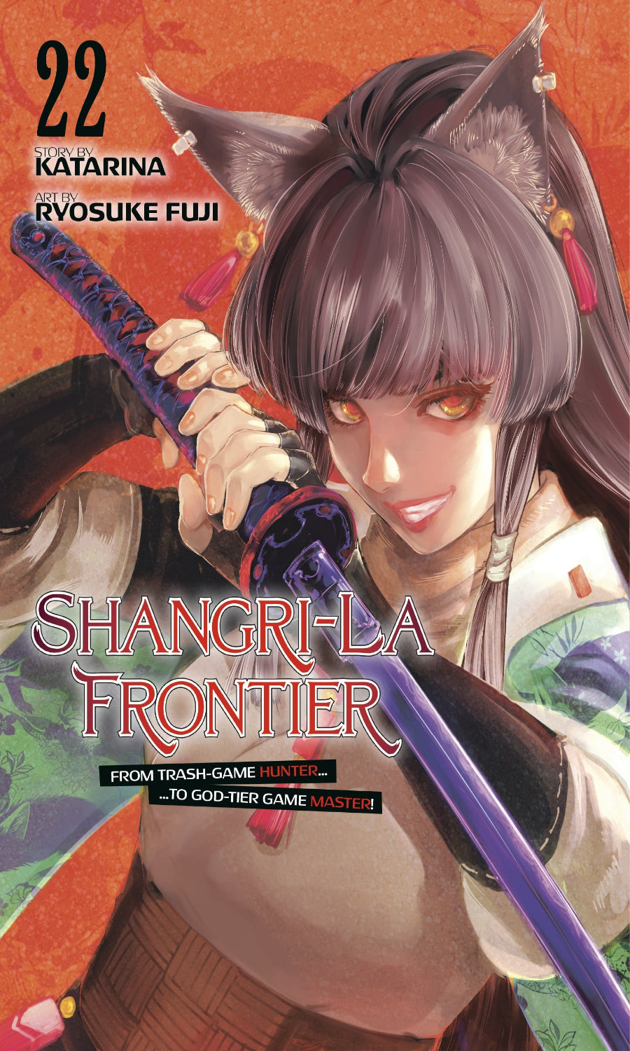 Manga book cover of 'Shangri-La Frontier' with a character holding a sword against an orange background.