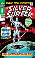 Comic book cover of 'The Silver Surfer' with superhero standing on Earth's doorstep.
