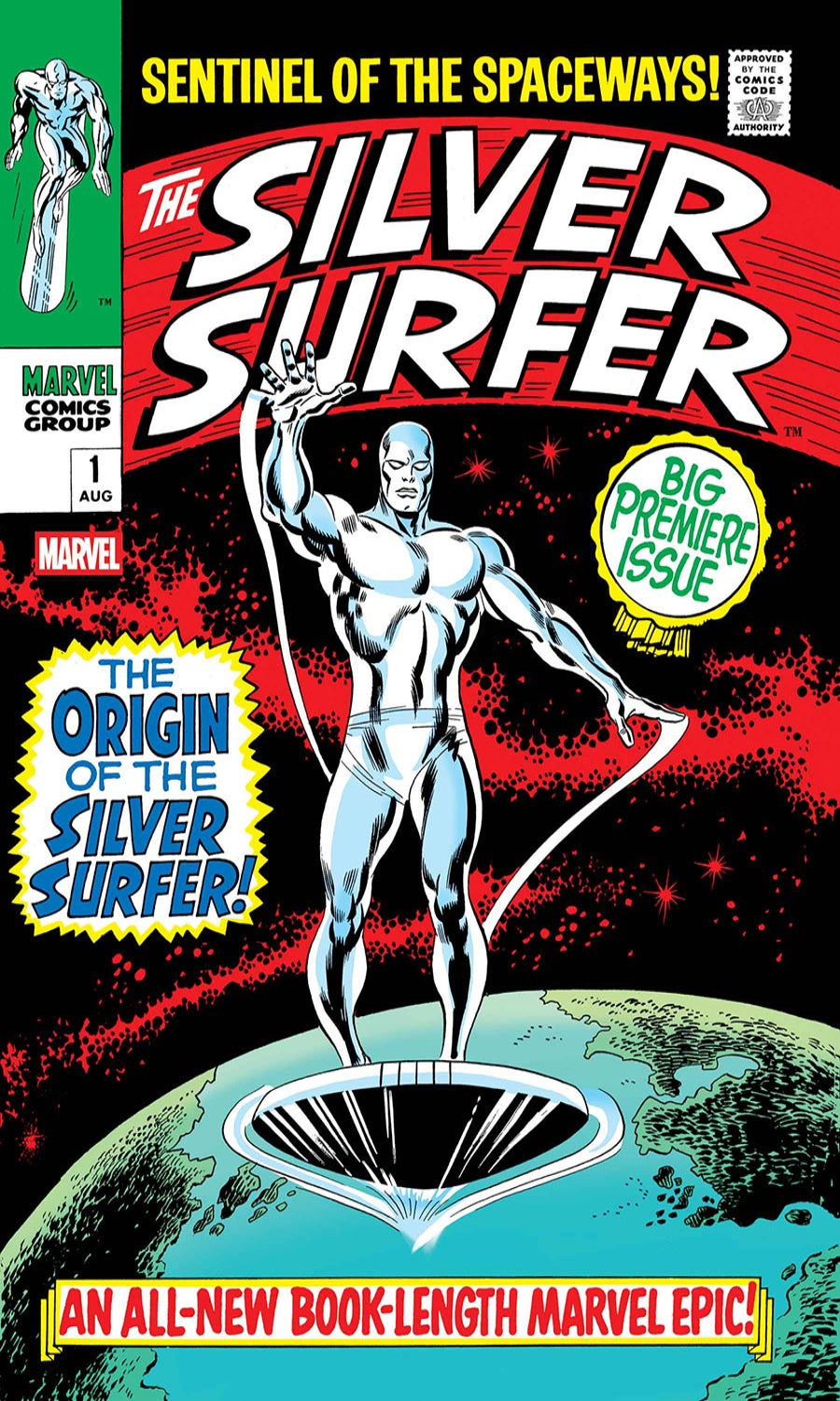 Comic book cover of 'The Silver Surfer' with superhero standing on Earth's doorstep.