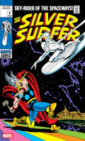 Comic book cover featuring 'The Silver Surfer' with a superhero in red cape and hammer against a space-themed background.