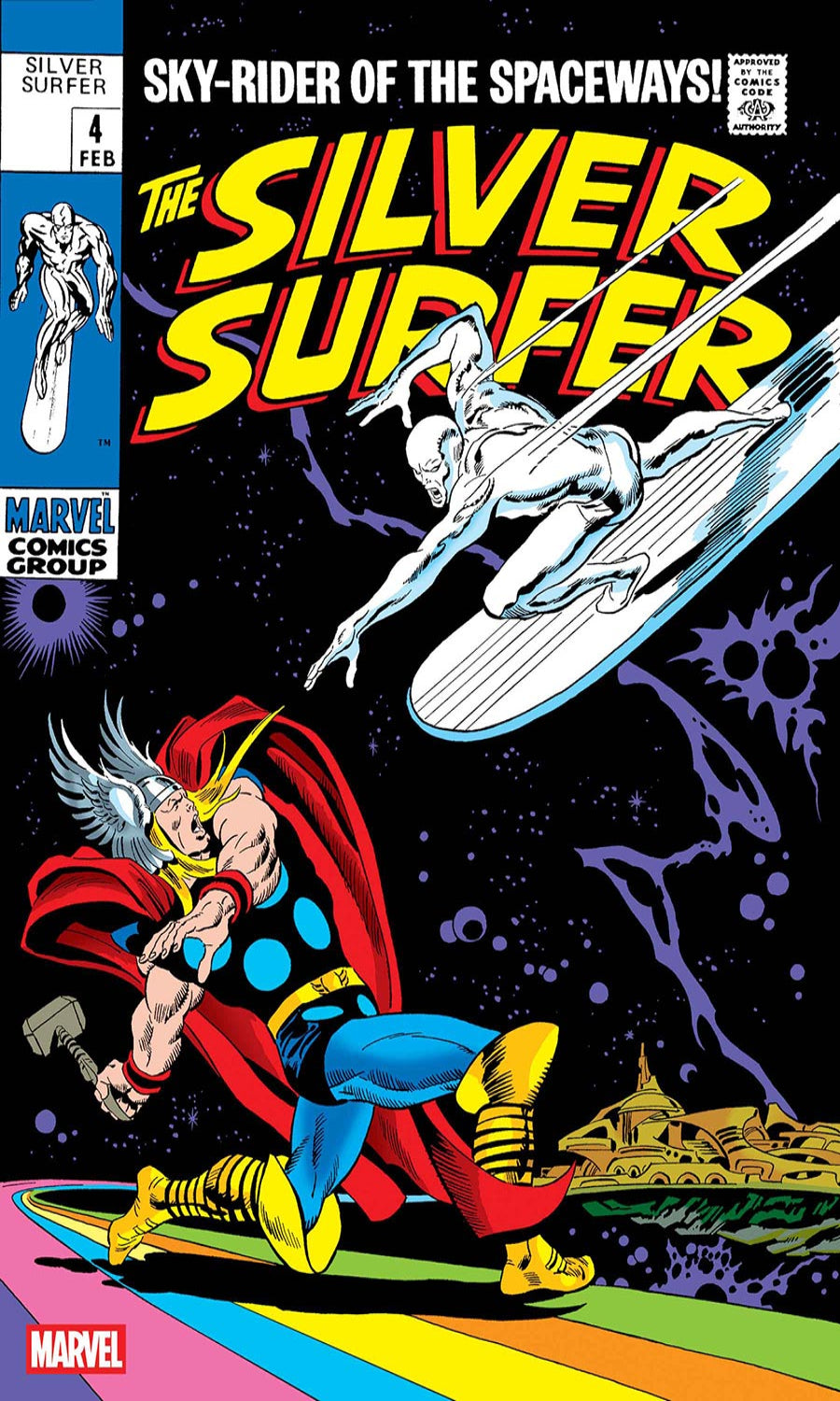 Comic book cover featuring 'The Silver Surfer' with a superhero in red cape and hammer against a space-themed background.