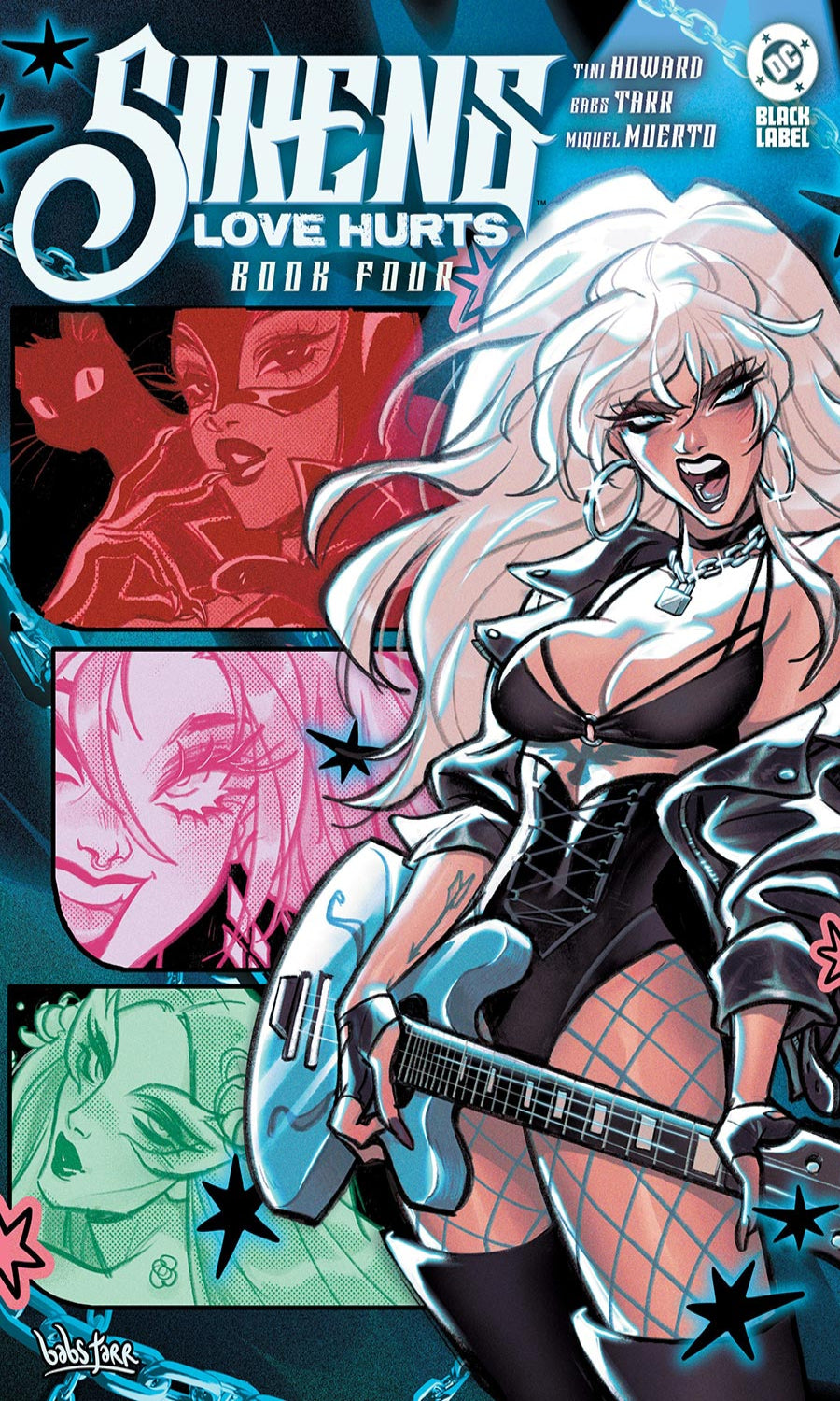 Comic book cover featuring a character with white hair and a guitar, with other characters and text in the background.