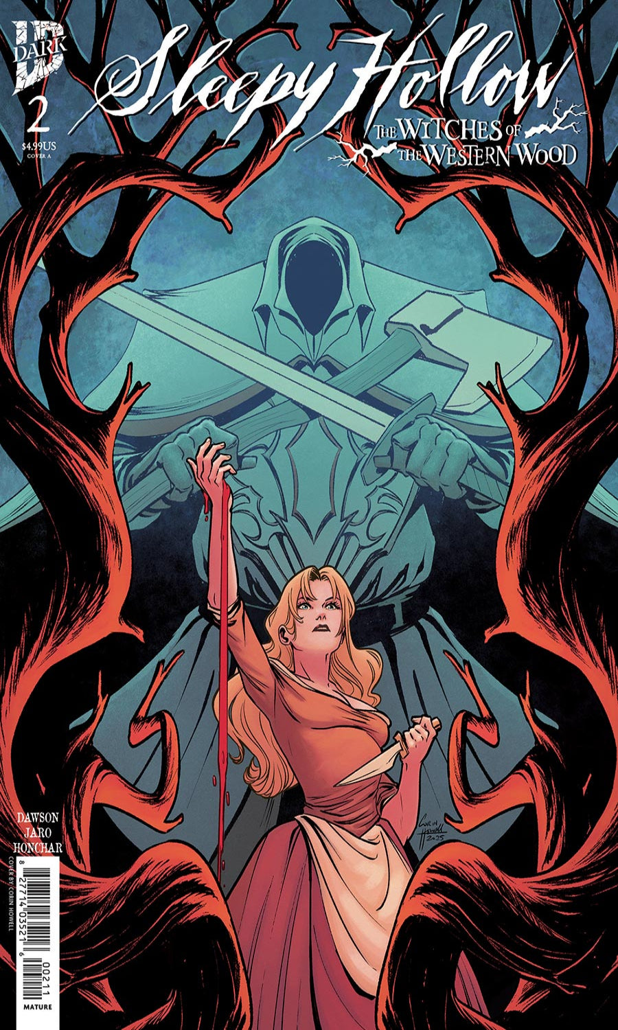 Comic book cover featuring a woman with red hair and a hooded figure holding a sword, titled 'Sleepy Hollow'.