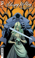 Comic book cover featuring a character in a hooded cloak with a sword and skull, against an orange background with tree branches.