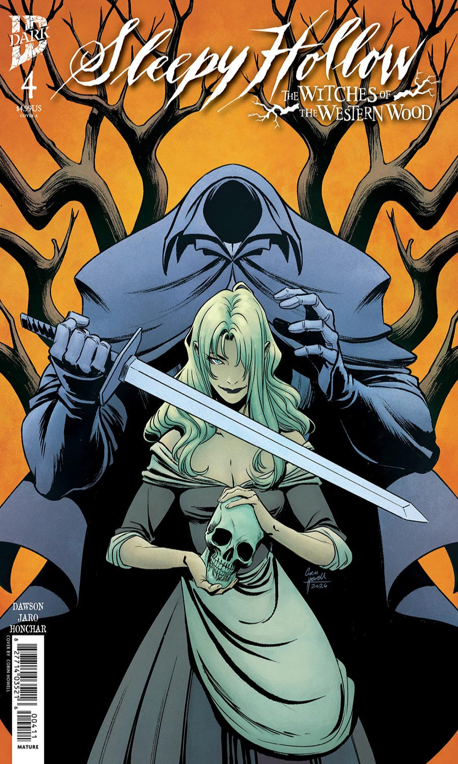 Comic book cover featuring a character in a hooded cloak with a sword and skull, against an orange background with tree branches.