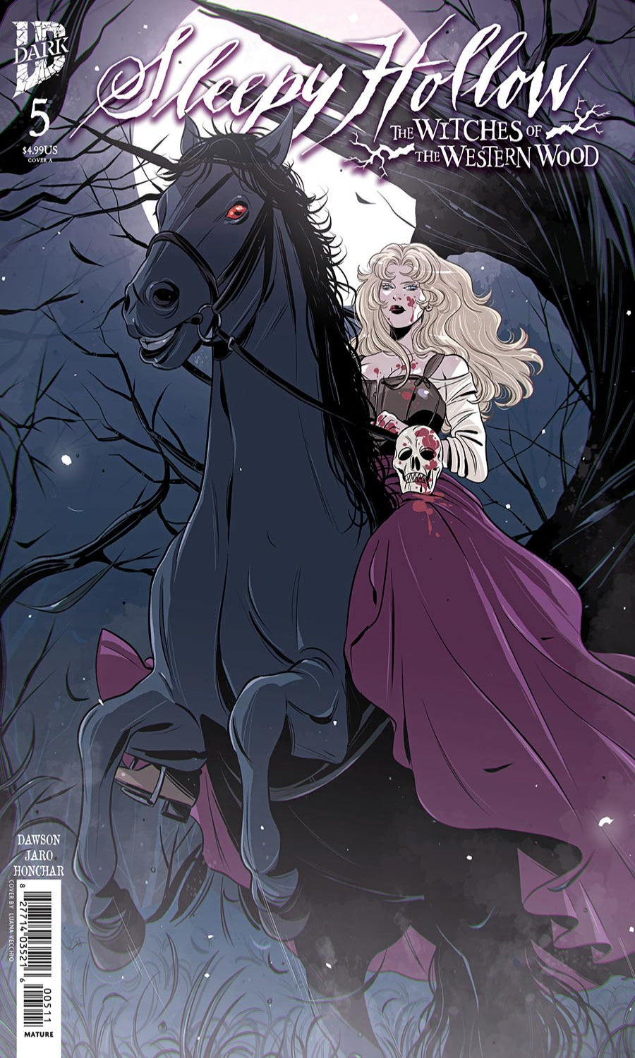 Comic book cover featuring a woman on horseback with a dark, eerie background.