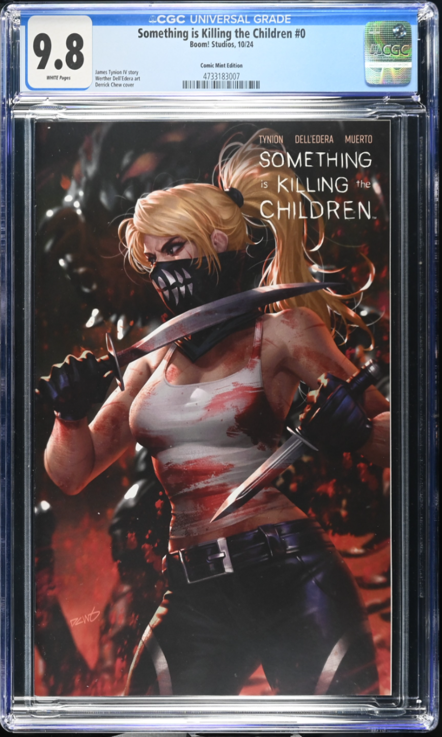 Comic book cover of 'Something is Killing the Children' with a character holding a knife, CGC grading label on top.